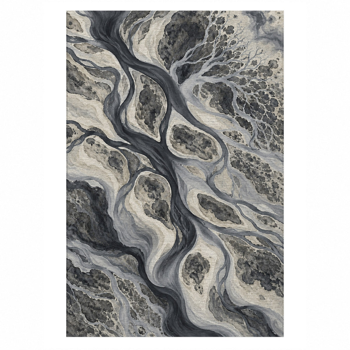 River Delta Charcoal Abstract Washable Rug — top view