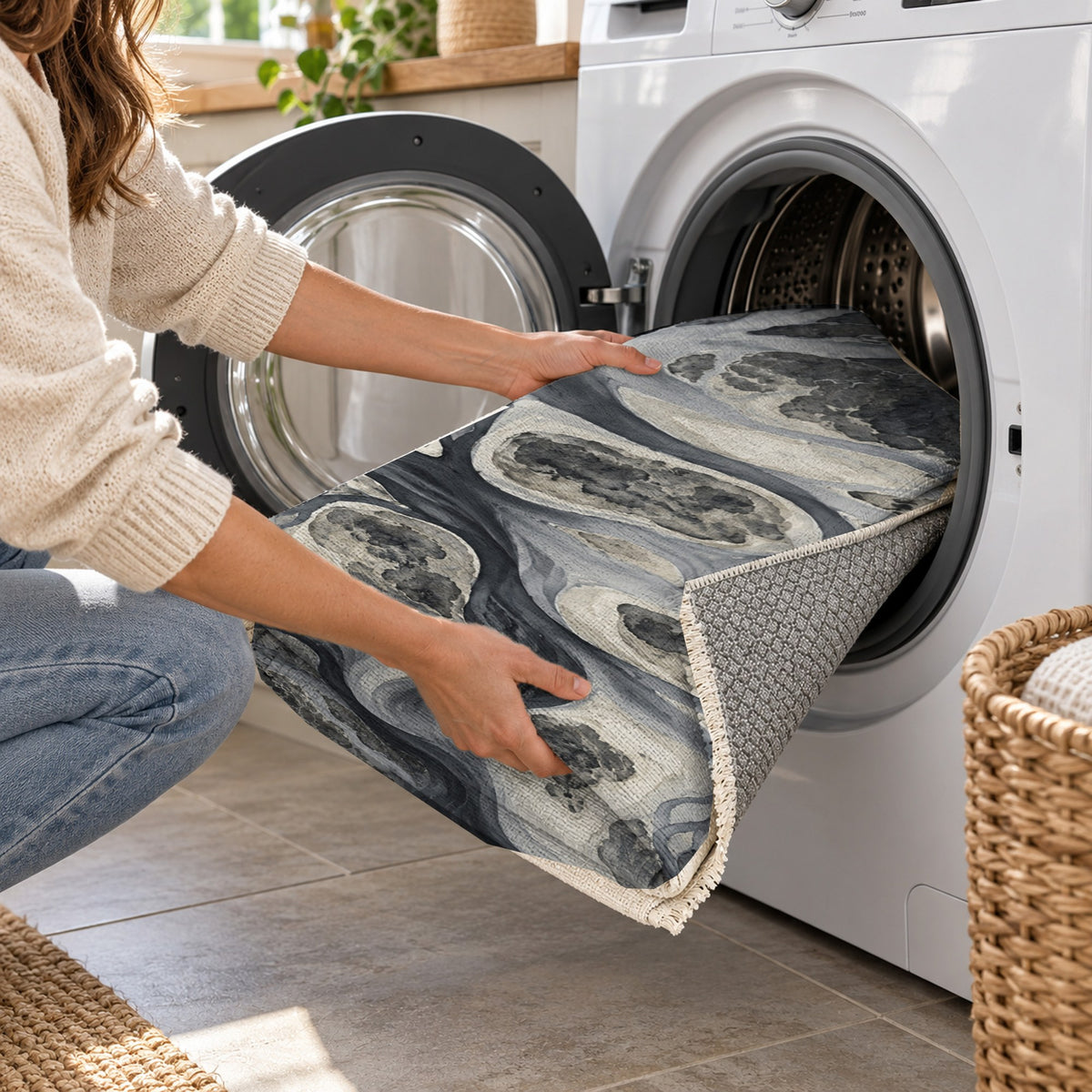 River Delta Charcoal Abstract Washable Rug — washing machine
