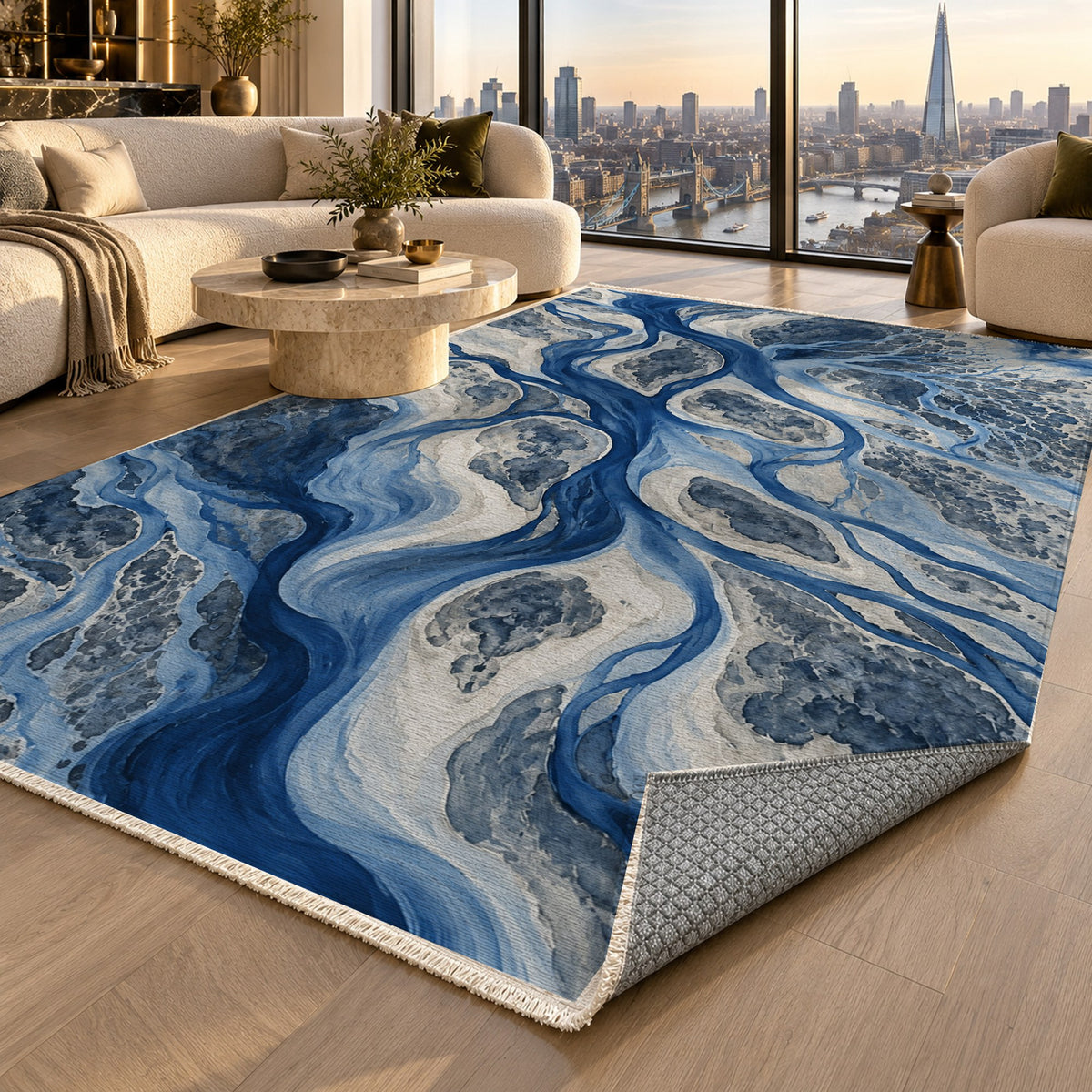 River Delta Indigo Abstract Washable Rug — london luxury living