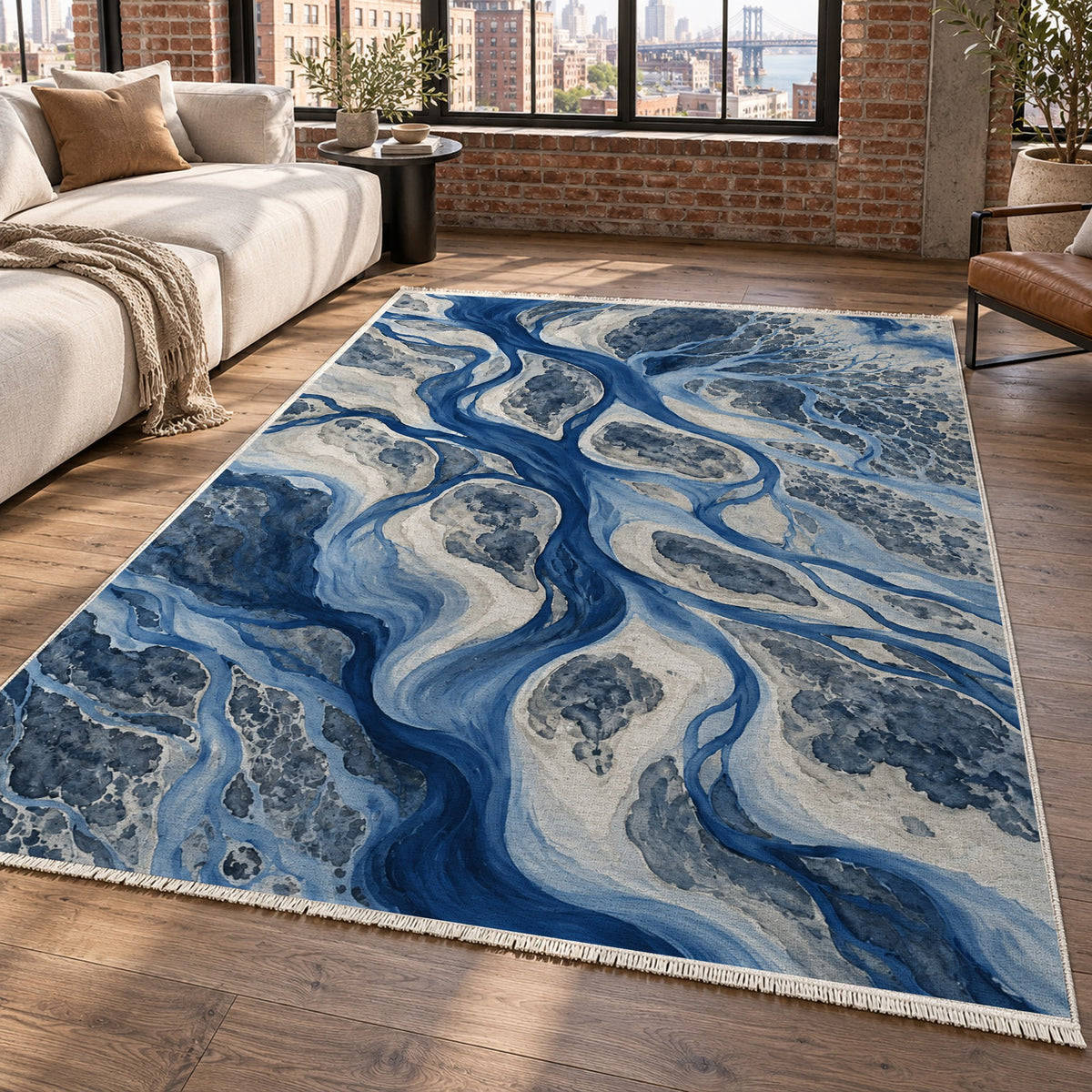 River Delta Indigo Abstract Washable Rug — new york living