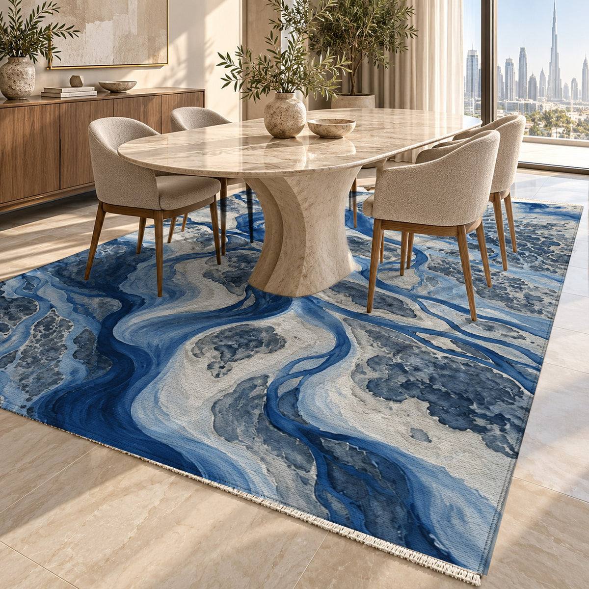 River Delta Indigo Abstract Washable Rug — dubai dining