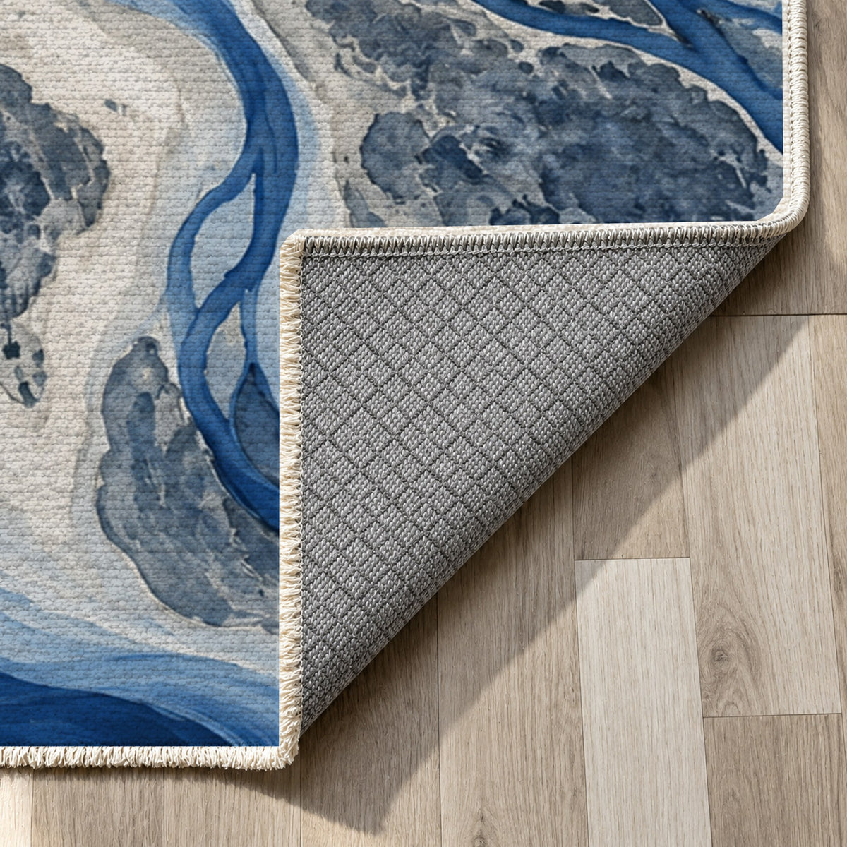 River Delta Indigo Abstract Washable Rug — backing close up