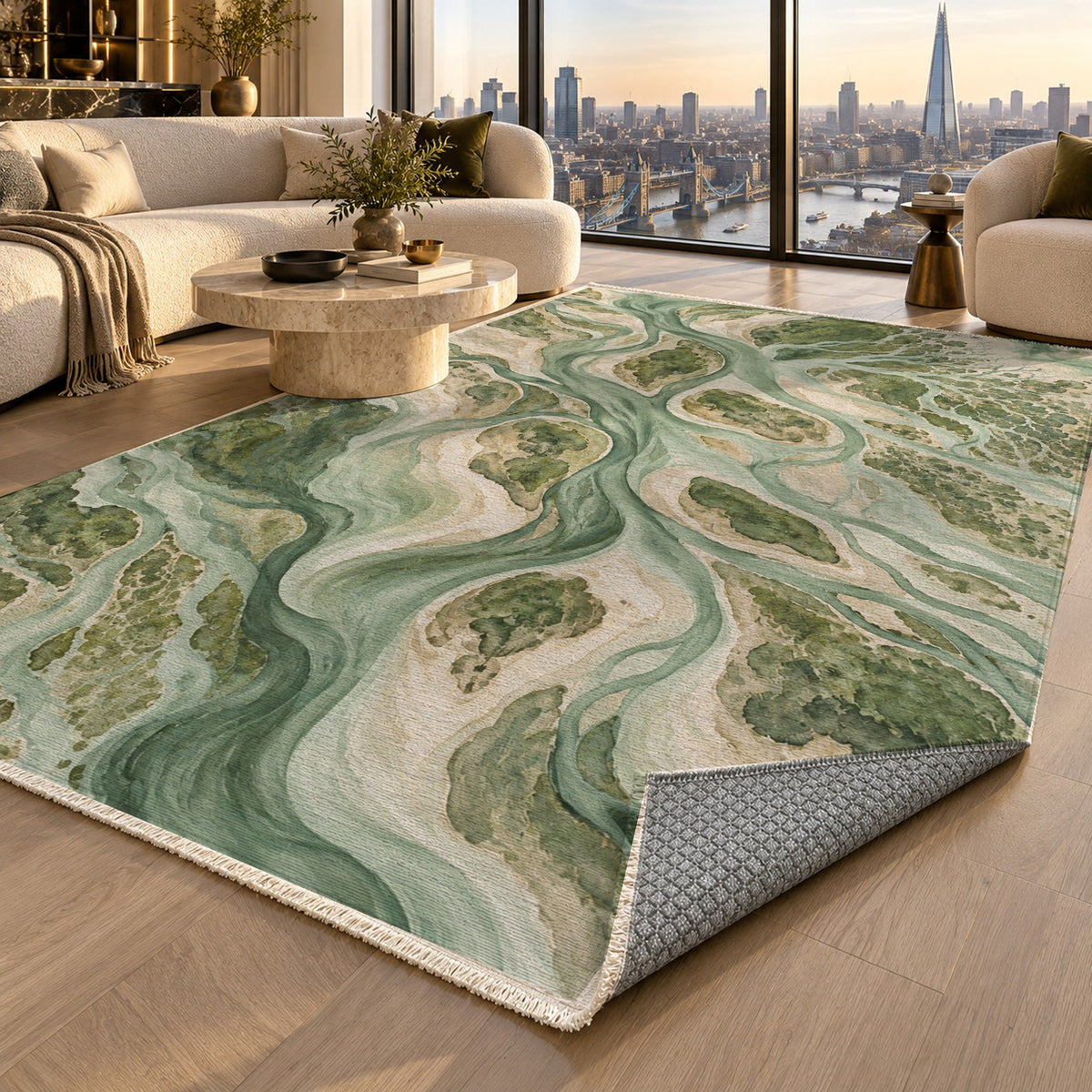 River Delta Sage Abstract Washable Rug — london luxury living