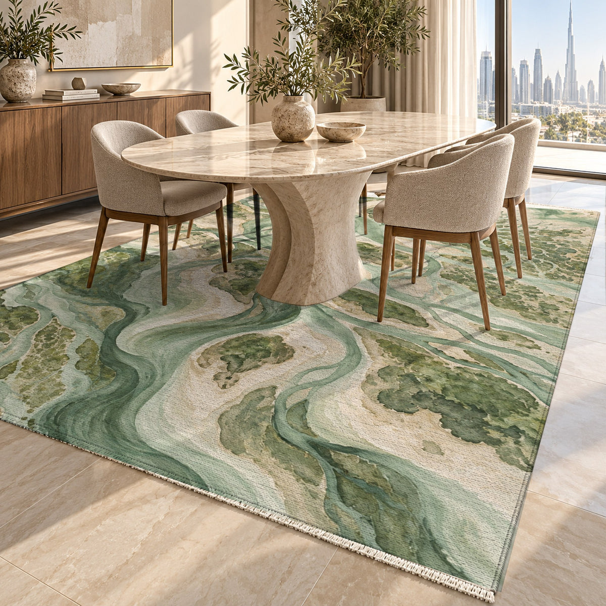 River Delta Sage Abstract Washable Rug — dubai dining
