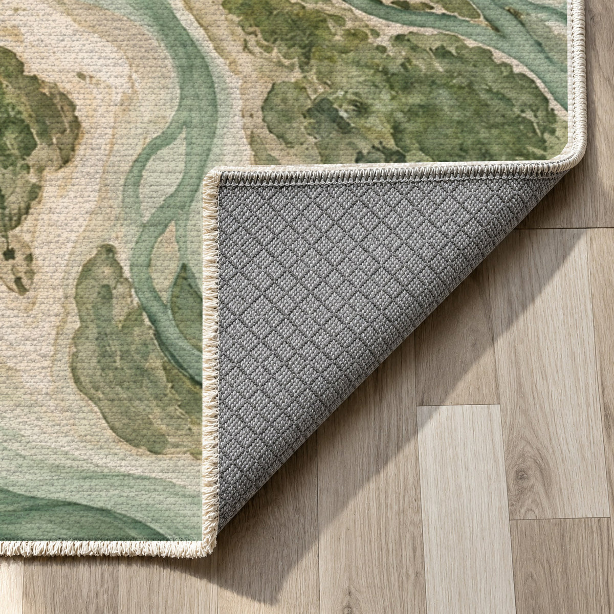 River Delta Sage Abstract Washable Rug — backing close up