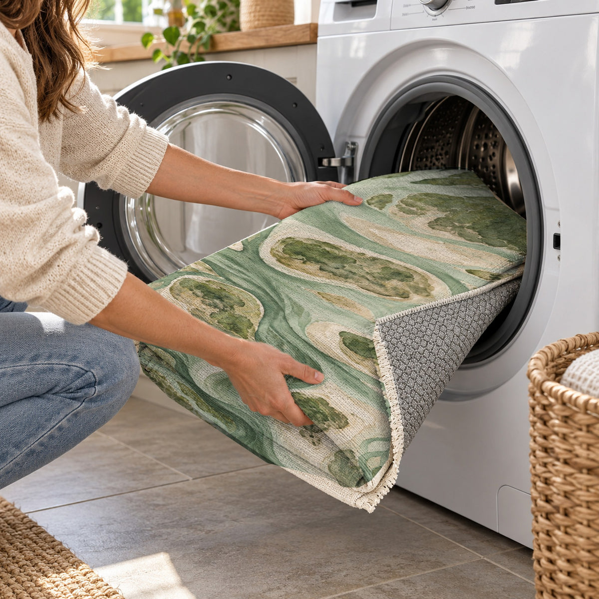 River Delta Sage Abstract Washable Rug — washing machine