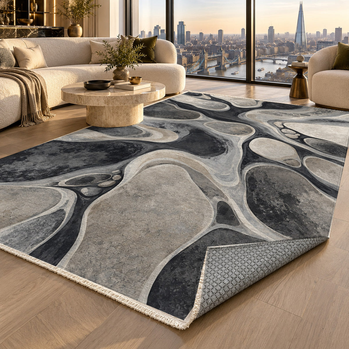 River Stones Charcoal Abstract Washable Rug — london luxury living