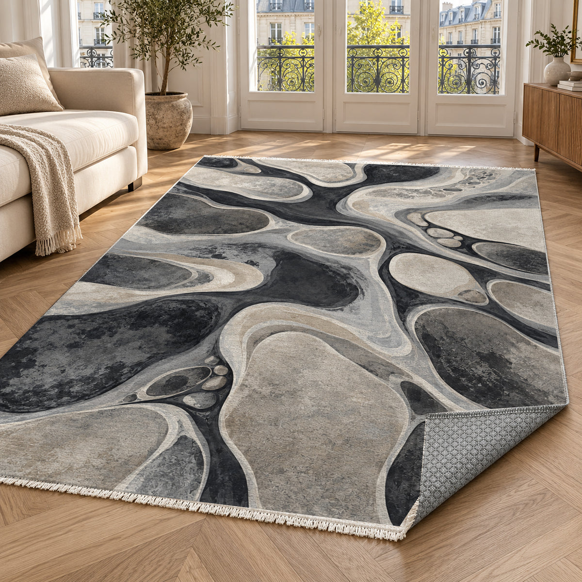River Stones Charcoal Abstract Washable Rug — paris living