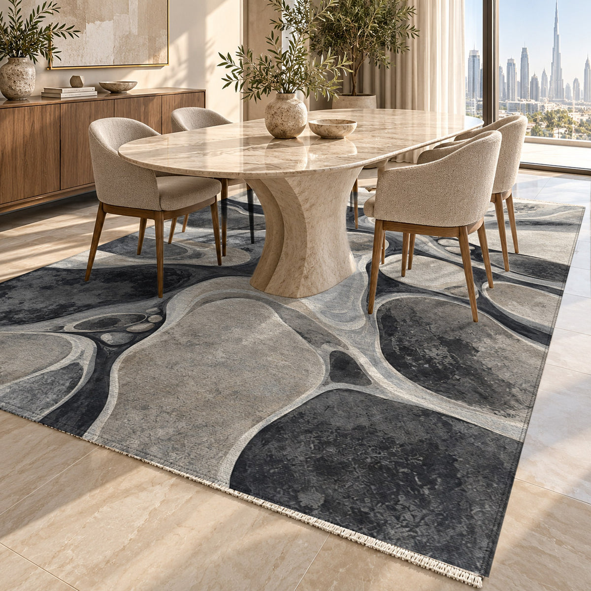 River Stones Charcoal Abstract Washable Rug — dubai dining