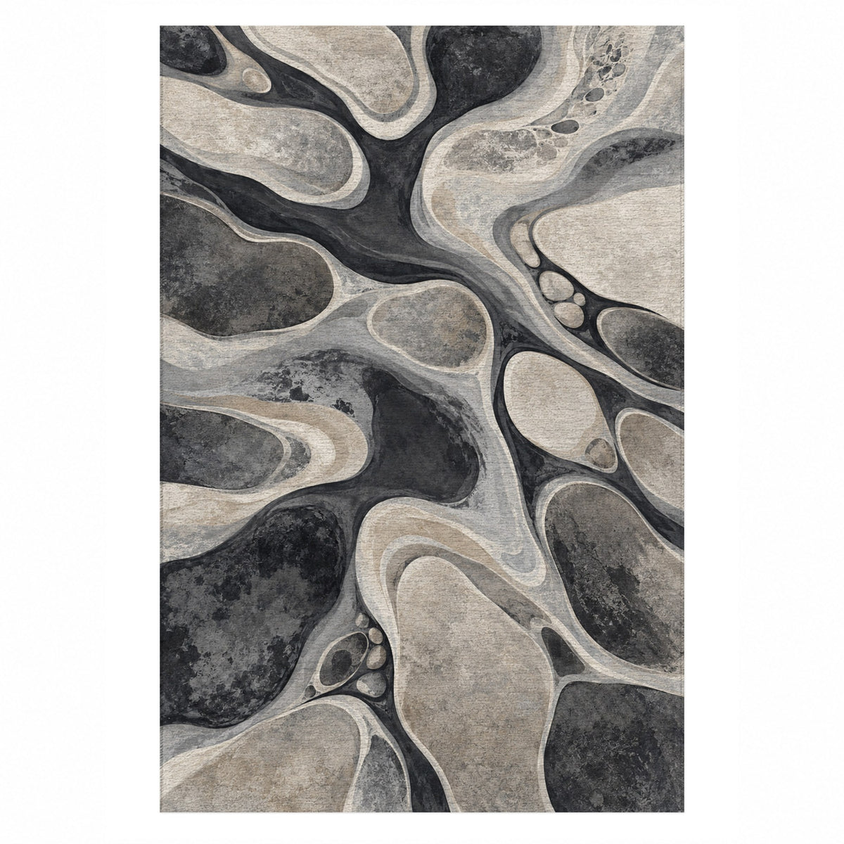 River Stones Charcoal Abstract Washable Rug — top view
