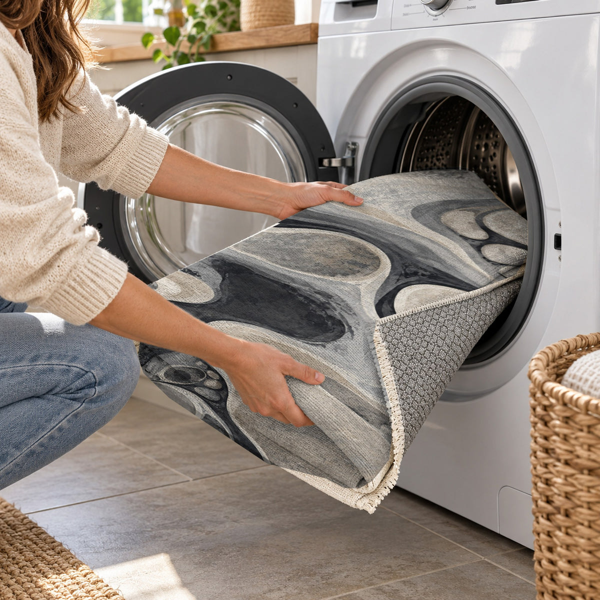 River Stones Charcoal Abstract Washable Rug — washing machine