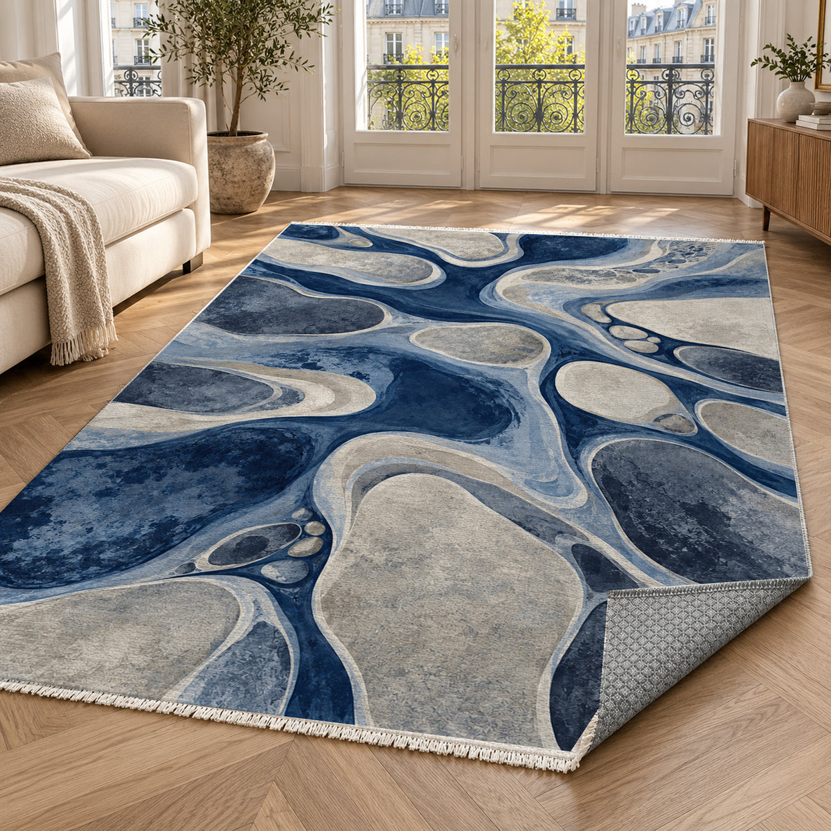 River Stones Indigo Abstract Washable Rug — paris living