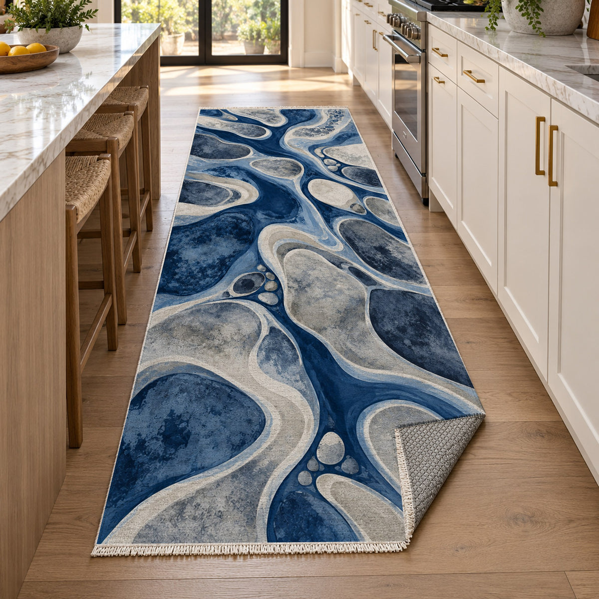 River Stones Indigo Abstract Washable Rug — new york kitchen runner