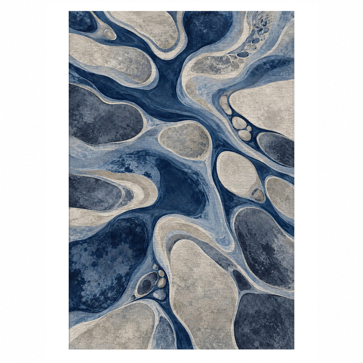 River Stones Indigo Abstract Washable Rug — top view