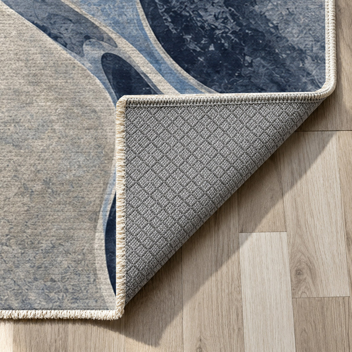 River Stones Indigo Abstract Washable Rug — backing close up