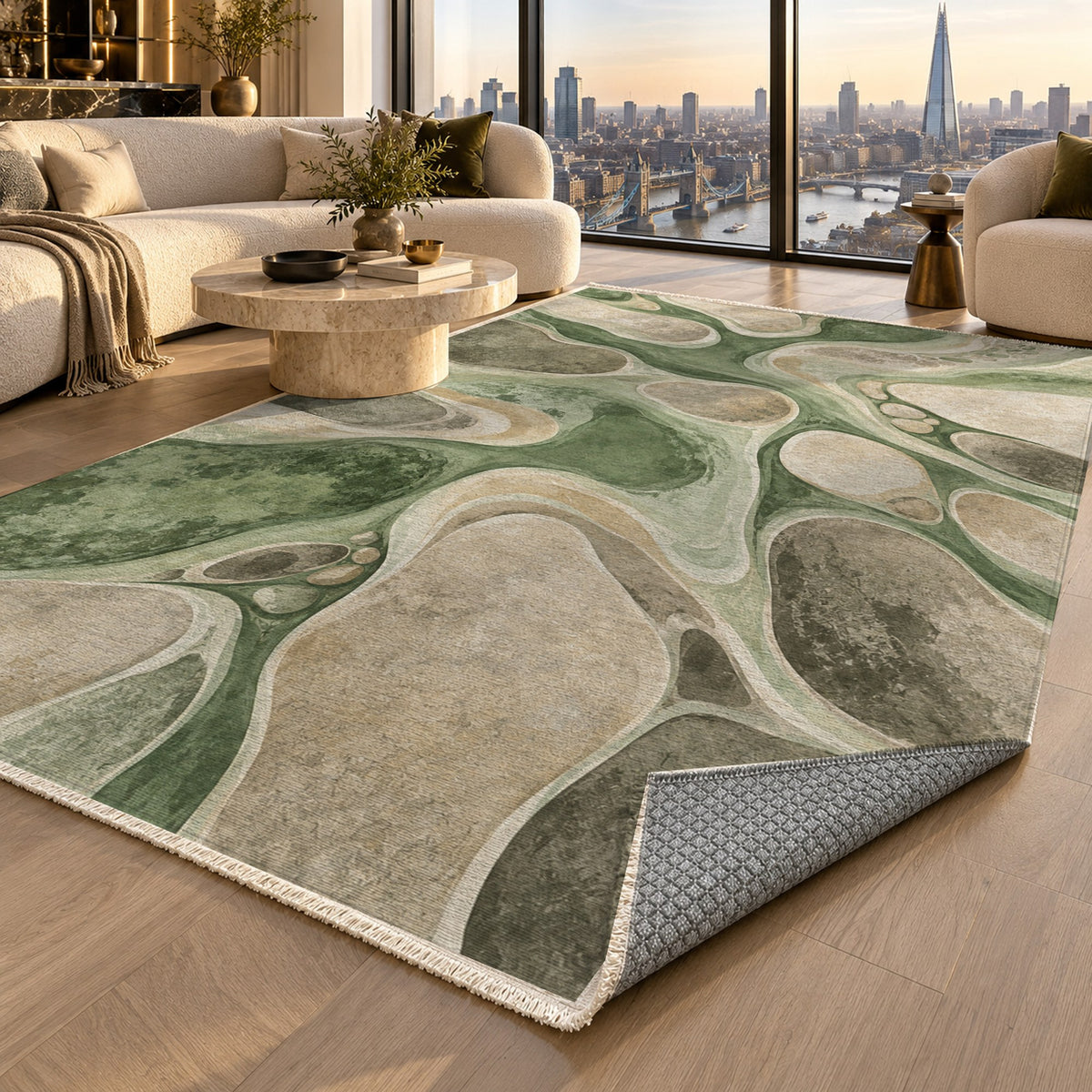 River Stones Sage Abstract Washable Rug — london luxury living