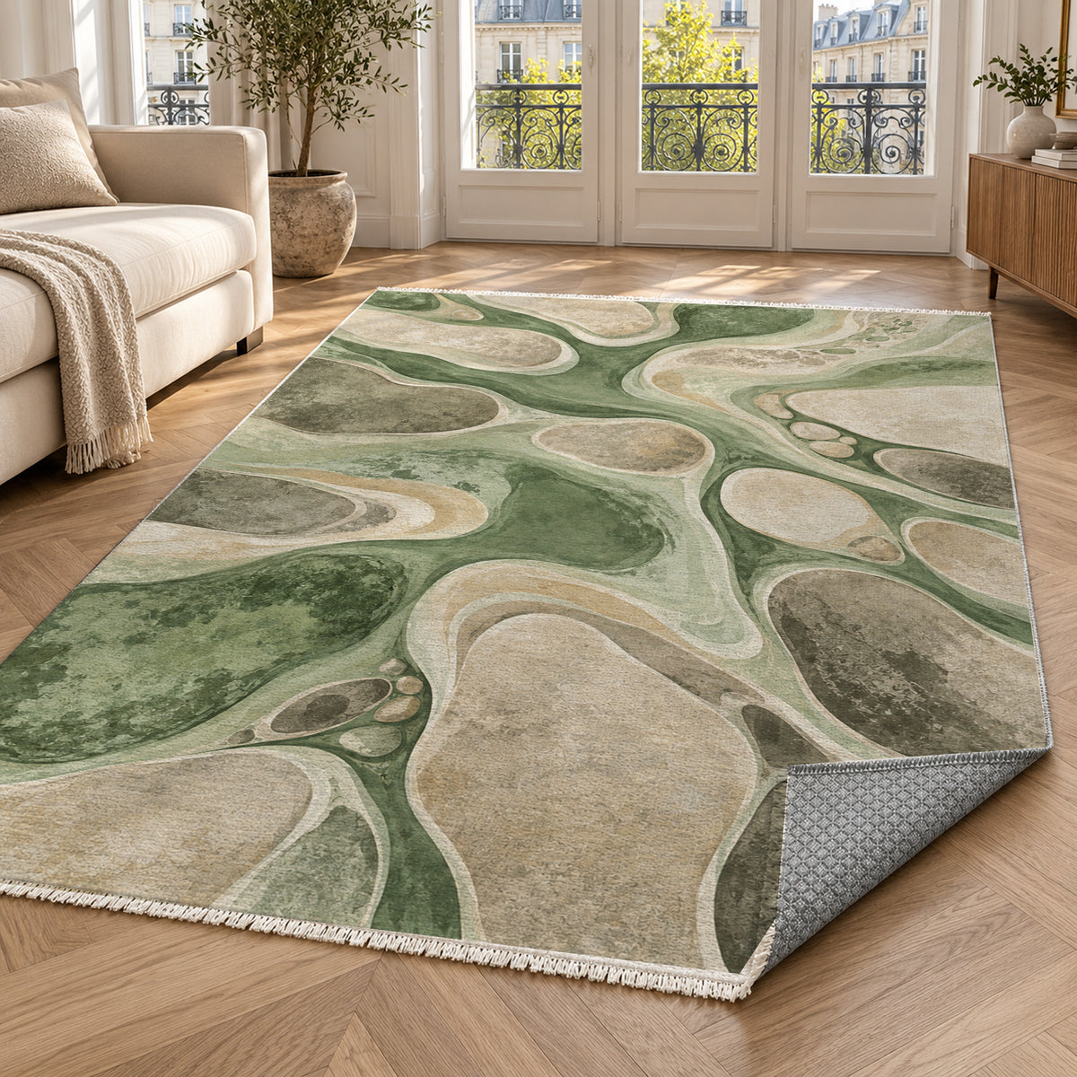 River Stones Sage Abstract Washable Rug — paris living