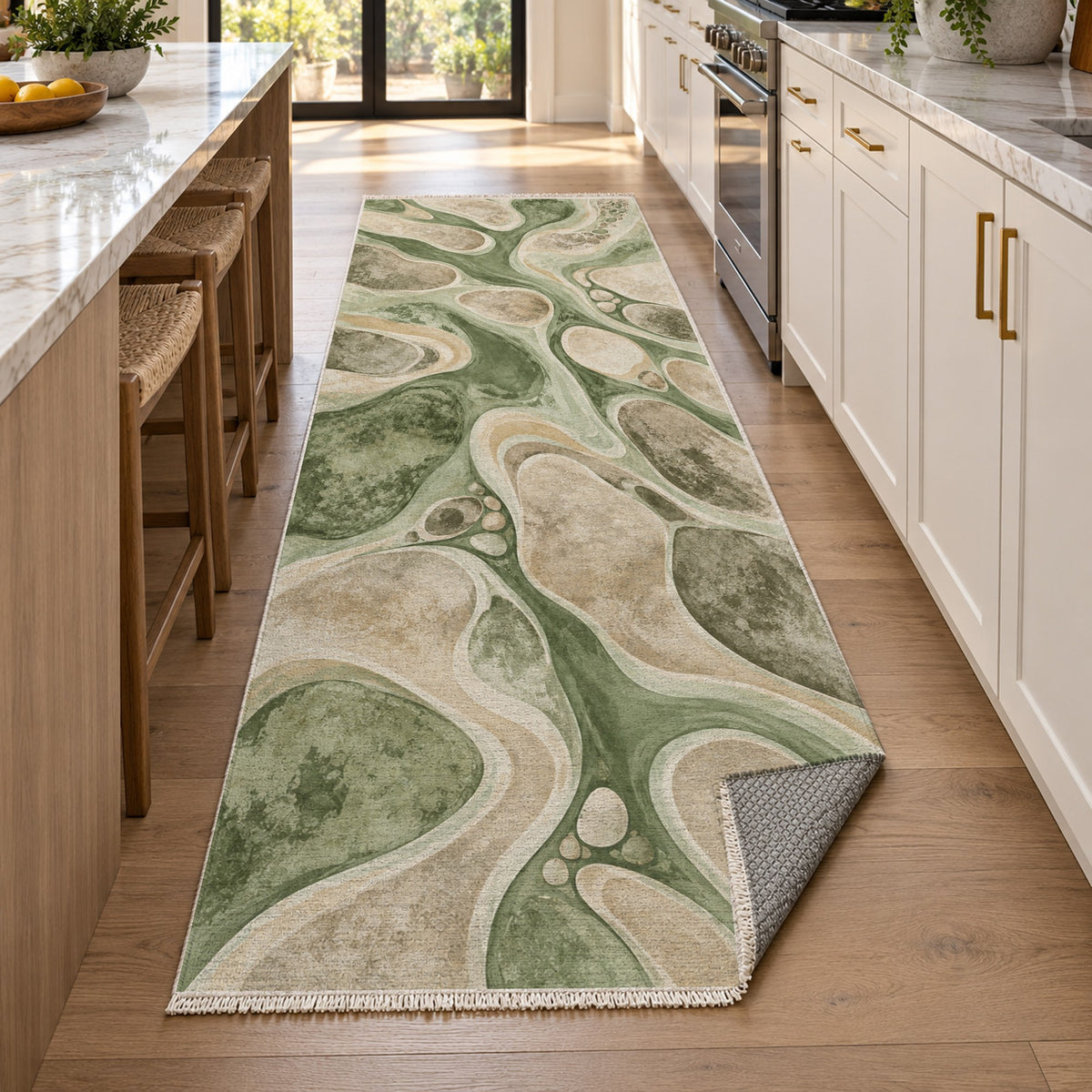 River Stones Sage Abstract Washable Rug — new york kitchen runner