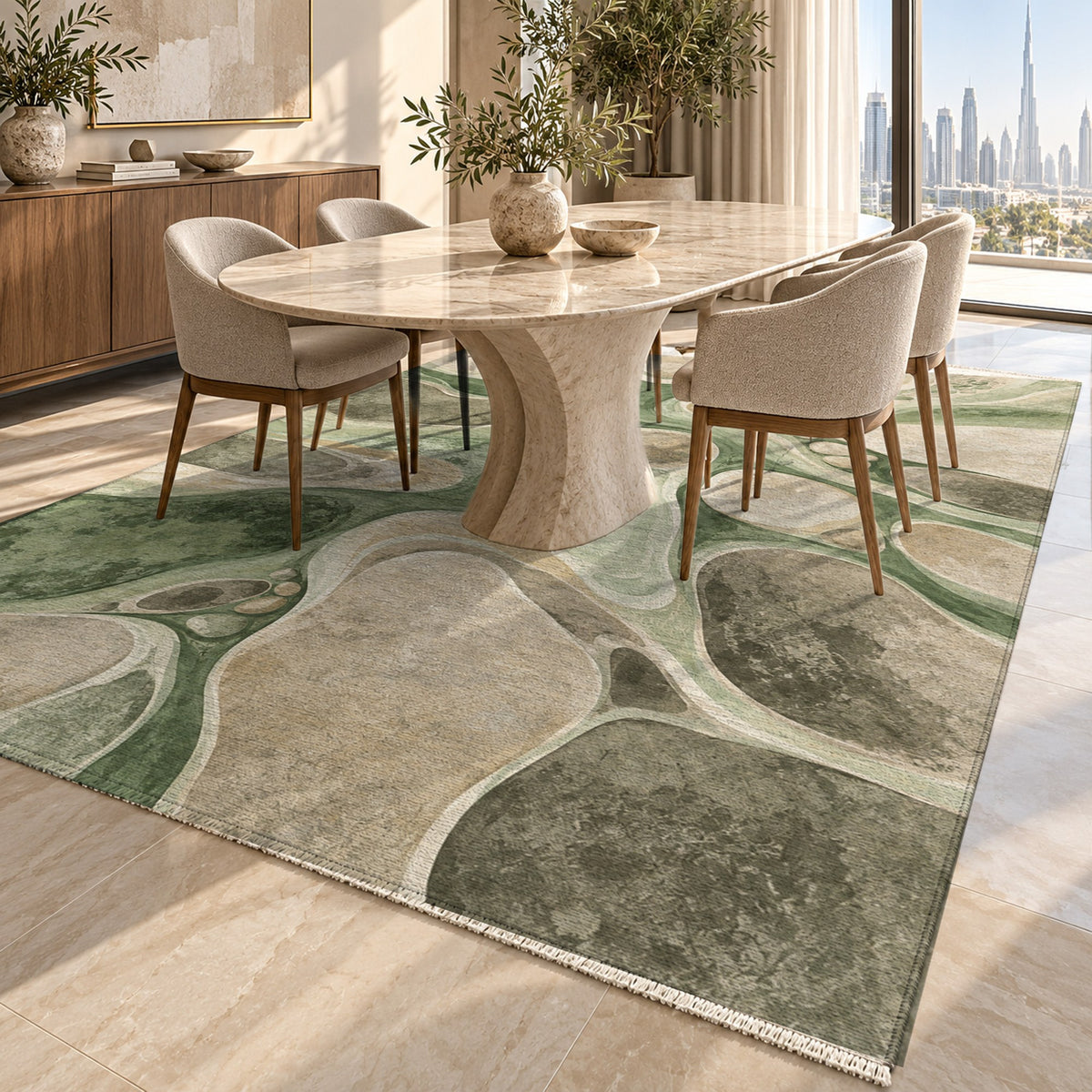 River Stones Sage Abstract Washable Rug — dubai dining
