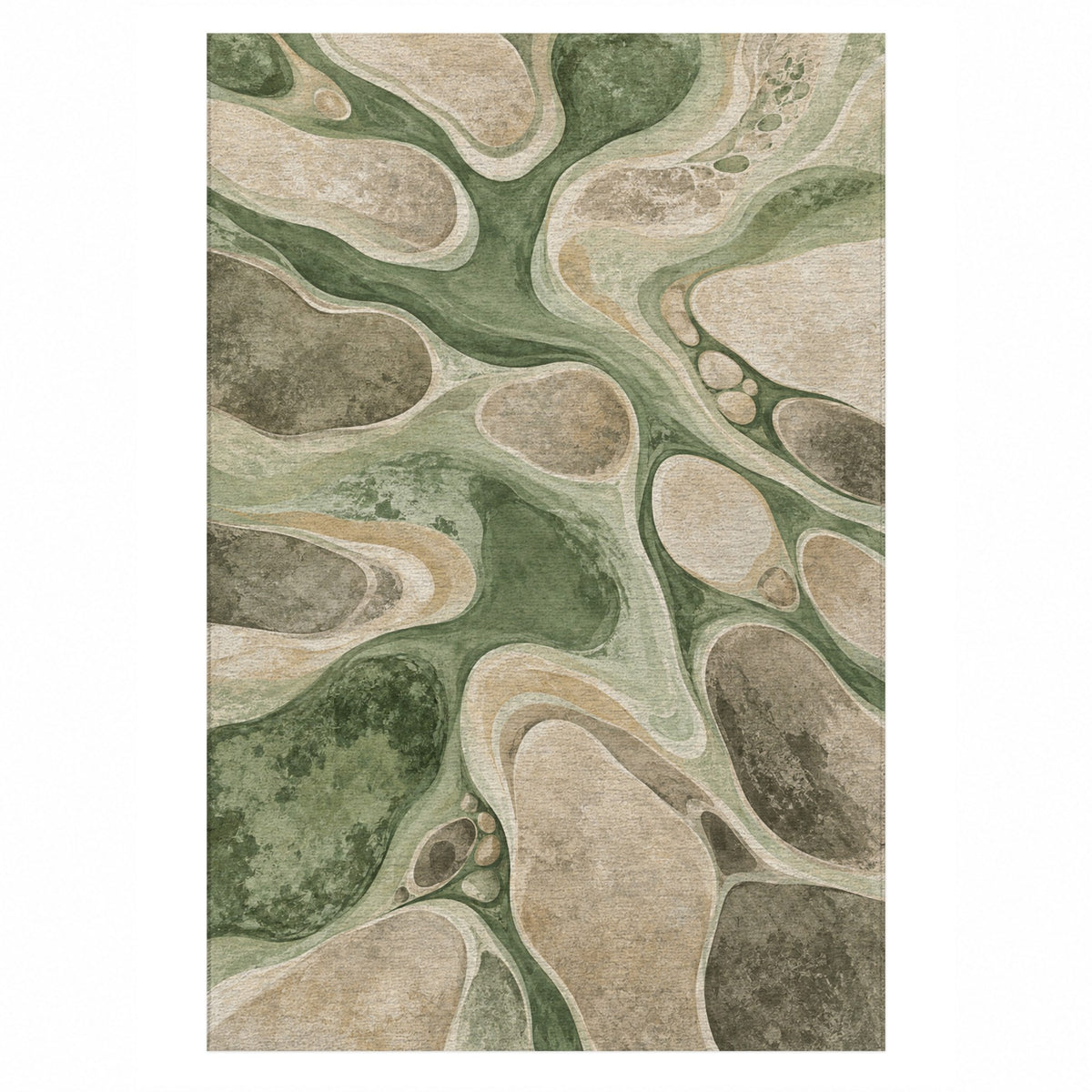 River Stones Sage Abstract Washable Rug — top view