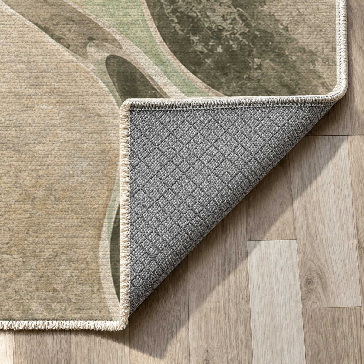 River Stones Sage Abstract Washable Rug — backing close up