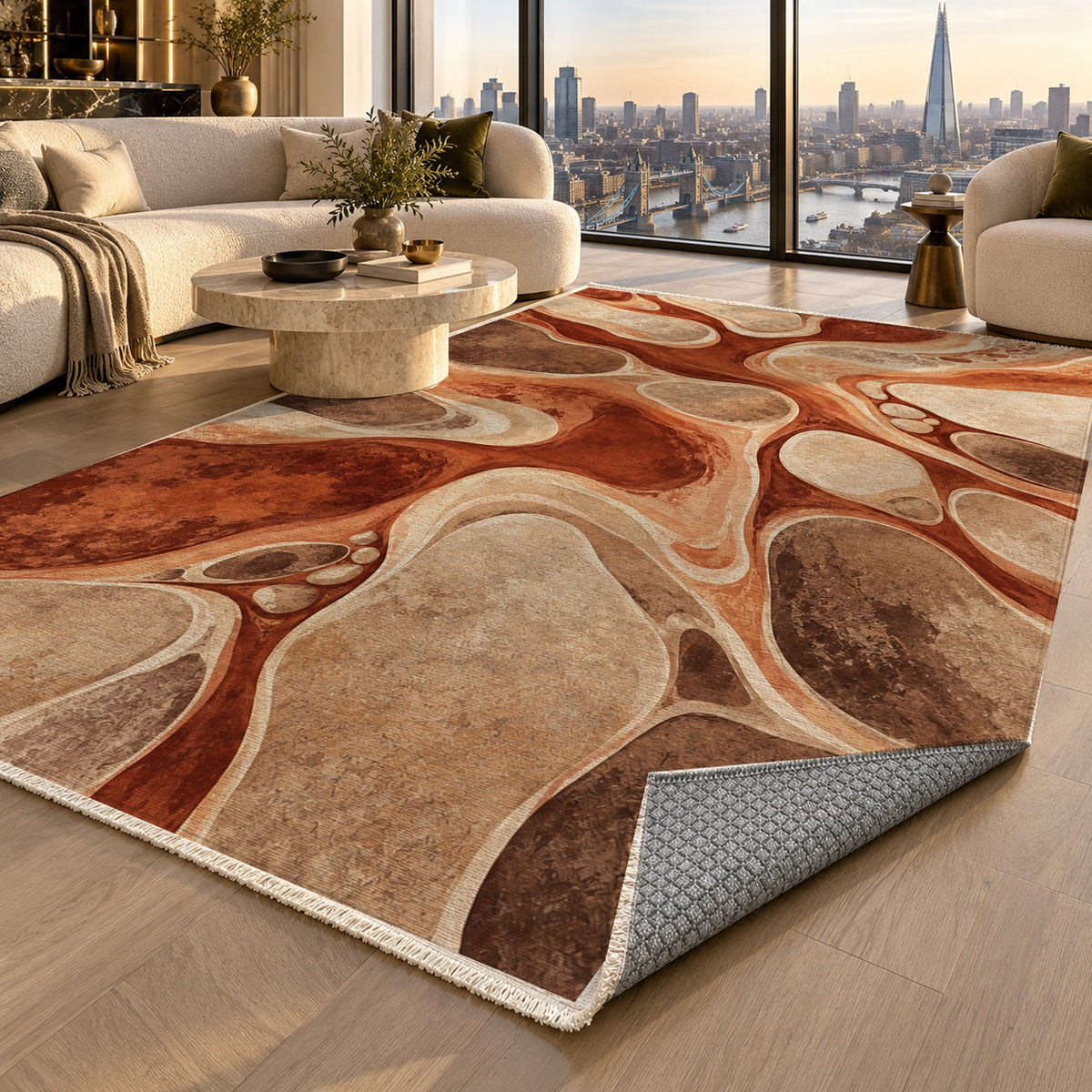 River Stones Terracotta Abstract Washable Rug — london luxury living