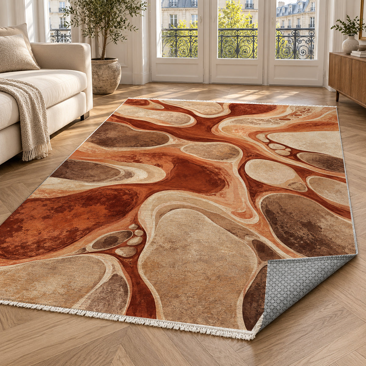 River Stones Terracotta Abstract Washable Rug — paris living