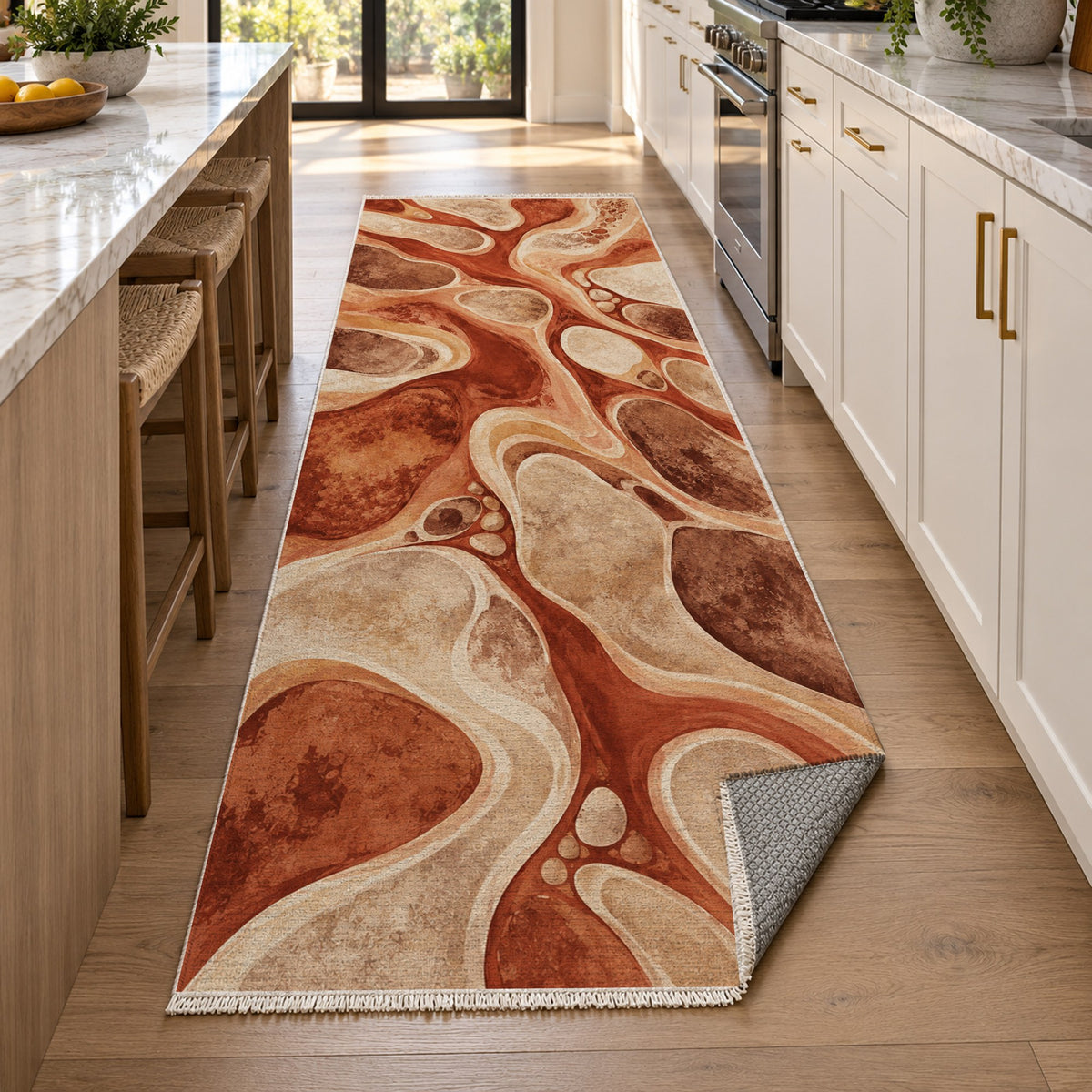 River Stones Terracotta Abstract Washable Rug — new york kitchen runner