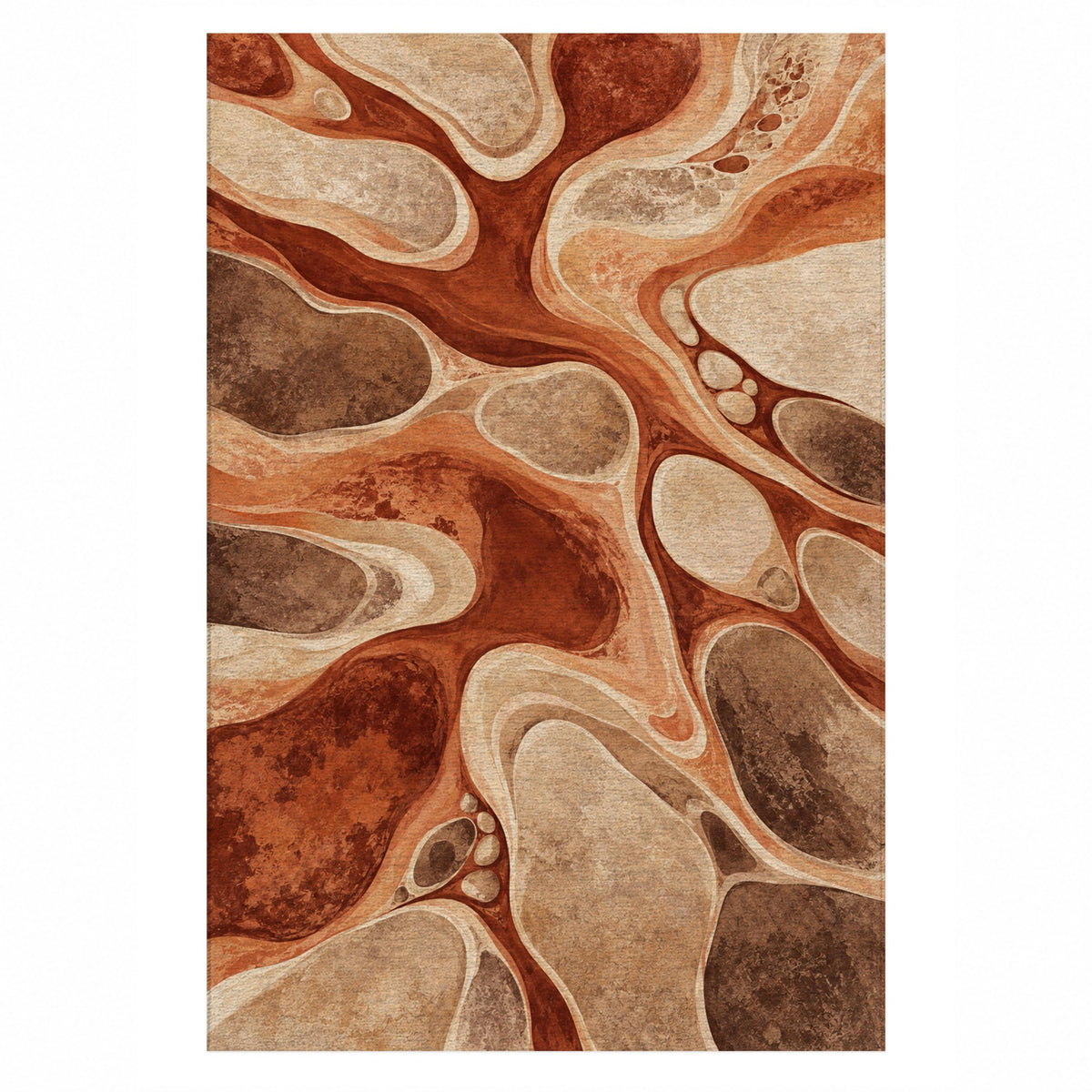 River Stones Terracotta Abstract Washable Rug — top view