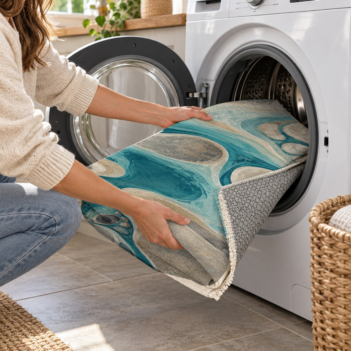 River Stones Abstract Washable Rug — washing machine