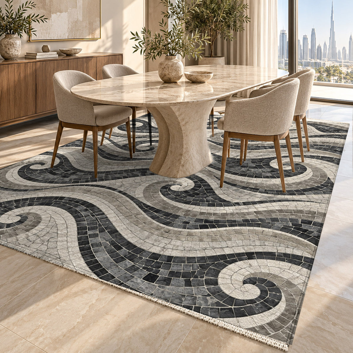 Roman Waves Charcoal Geometric Washable Rug — dubai dining