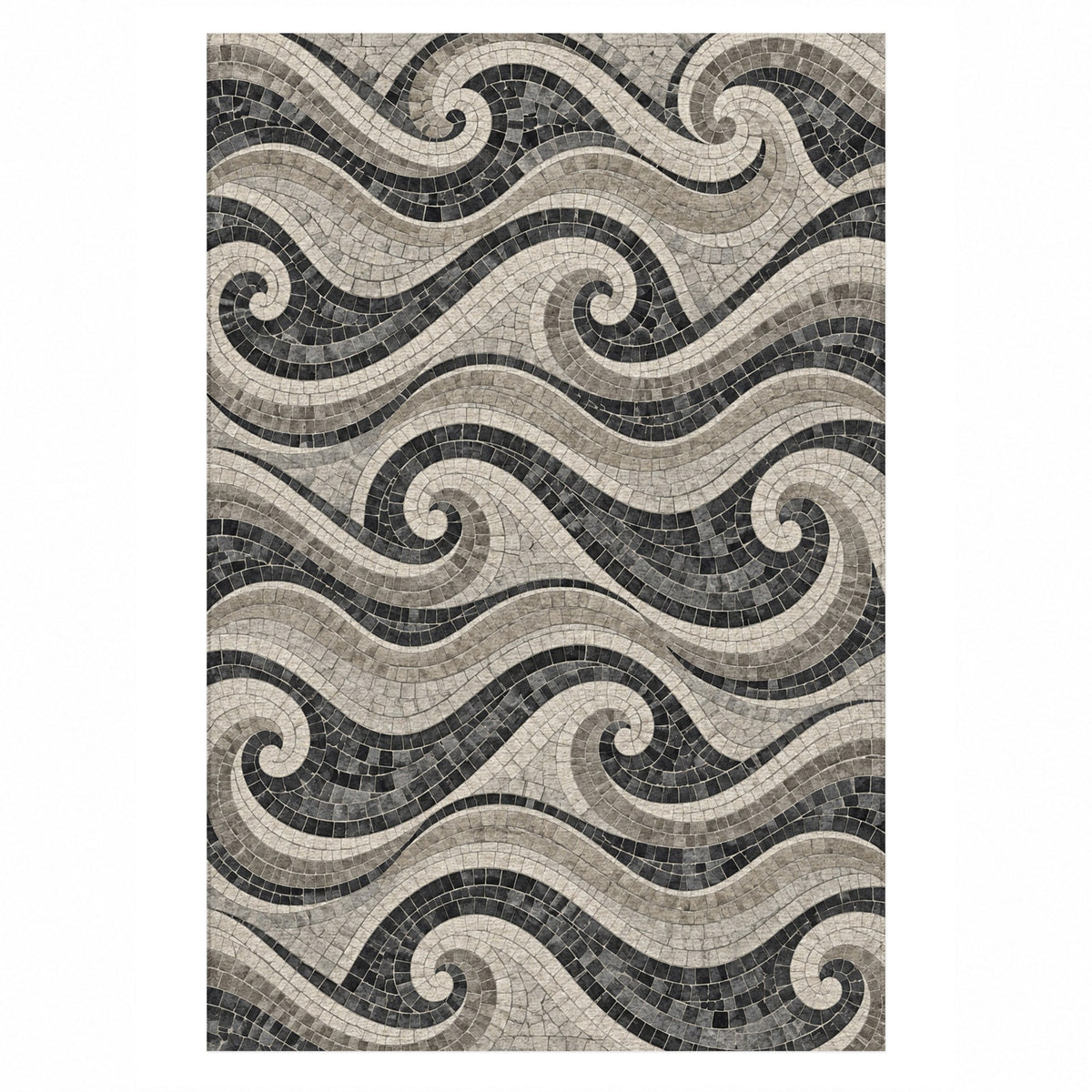 Roman Waves Charcoal Geometric Washable Rug — top view