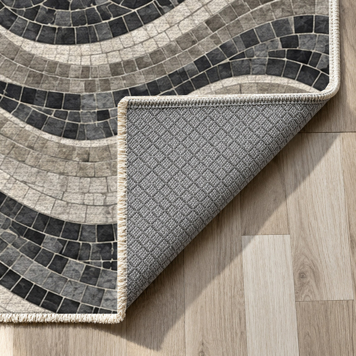 Roman Waves Charcoal Geometric Washable Rug — backing close up