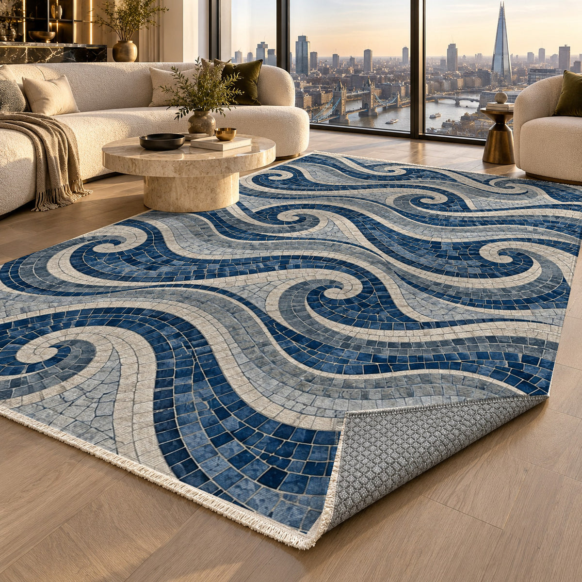 Roman Waves Indigo Geometric Washable Rug — london luxury living