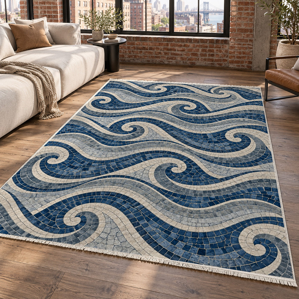 Roman Waves Indigo Geometric Washable Rug — new york living