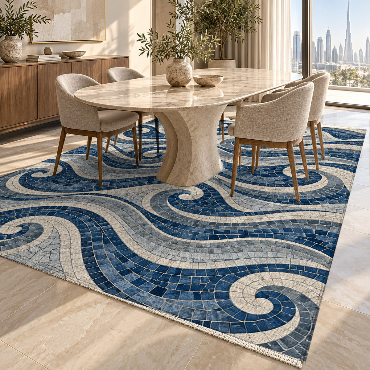 Roman Waves Indigo Geometric Washable Rug — dubai dining
