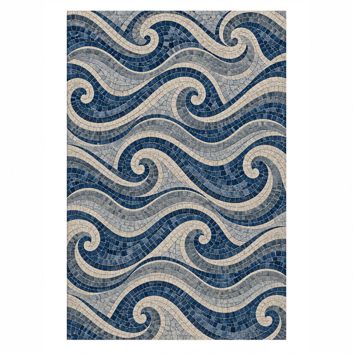 Roman Waves Indigo Geometric Washable Rug — top view