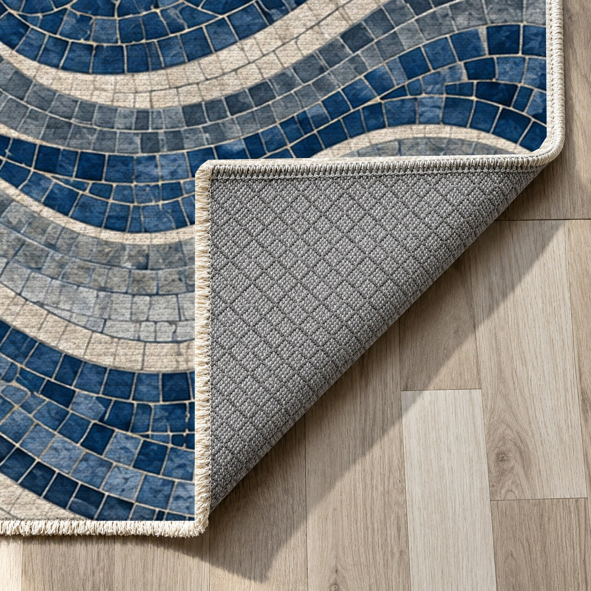Roman Waves Indigo Geometric Washable Rug — backing close up