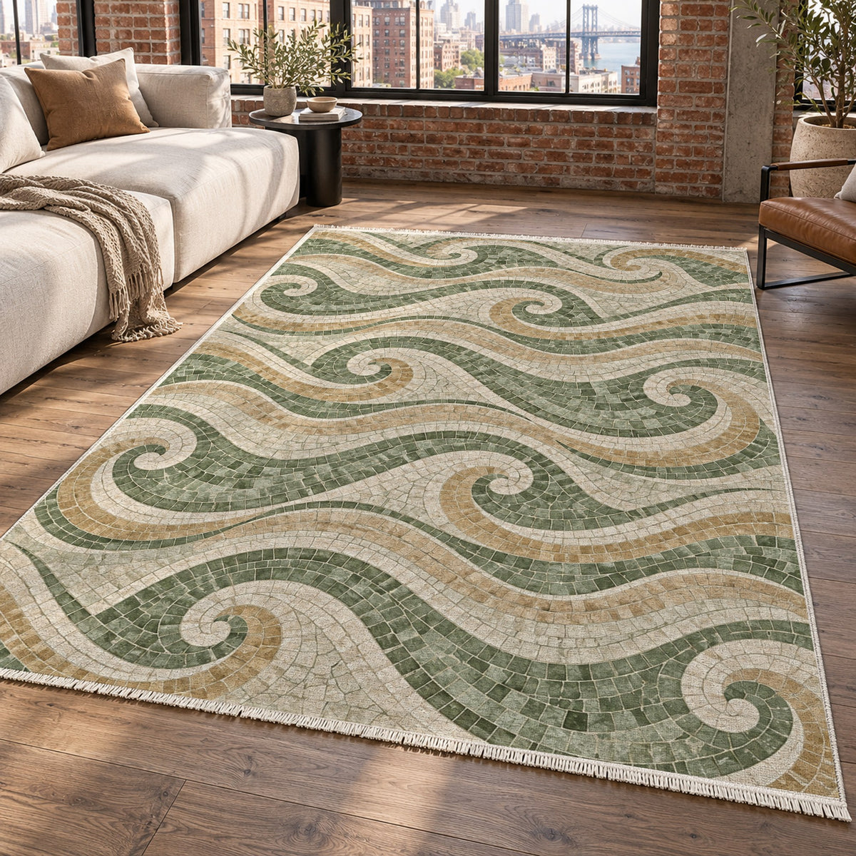 Roman Waves Sage Geometric Washable Rug — new york living