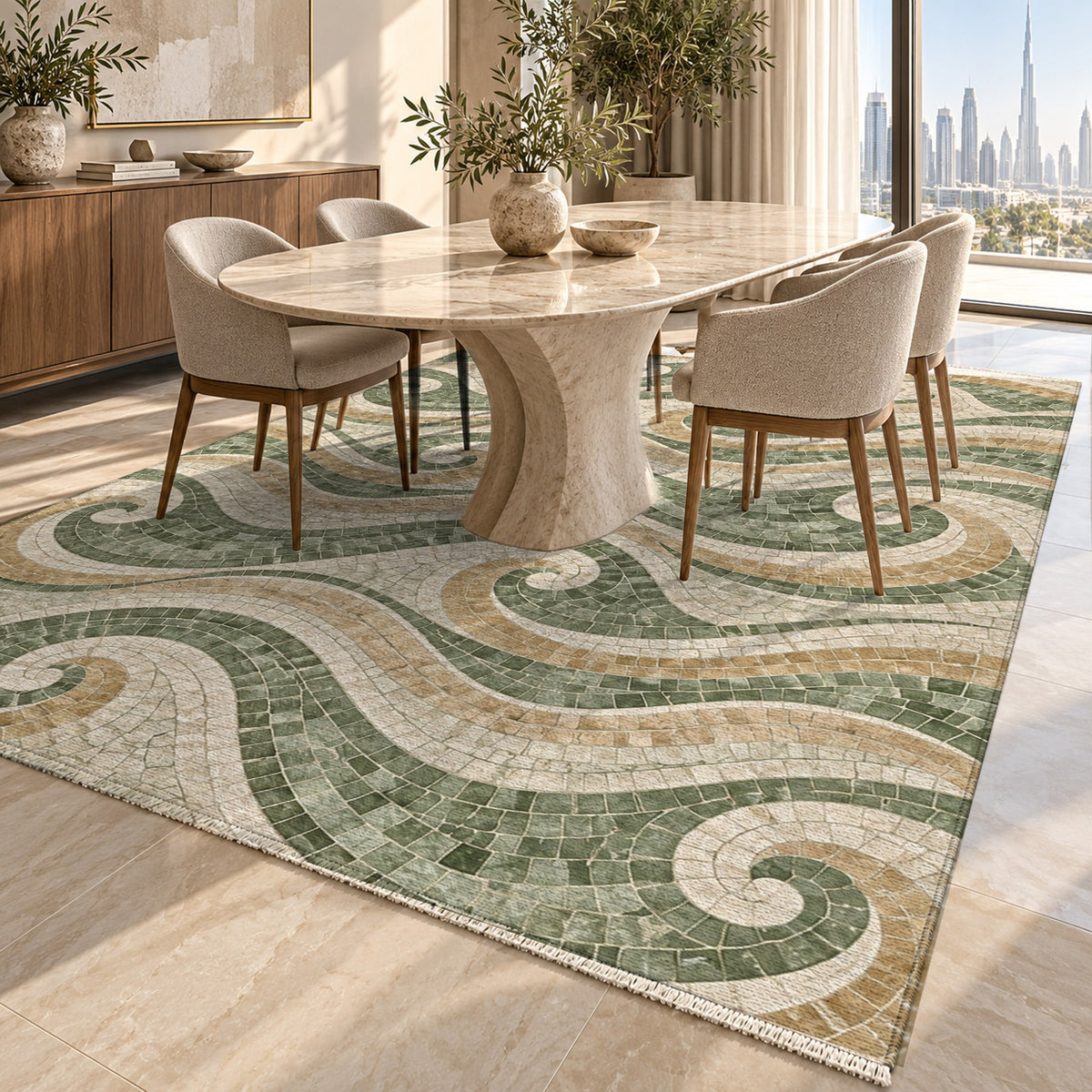 Roman Waves Sage Geometric Washable Rug — dubai dining