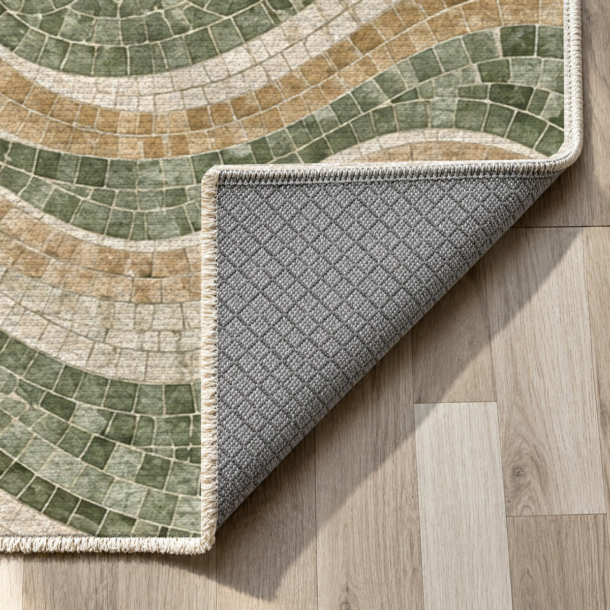 Roman Waves Sage Geometric Washable Rug — backing close up