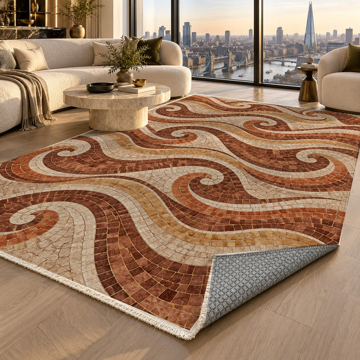 Roman Waves Terracotta Geometric Washable Rug — london luxury living