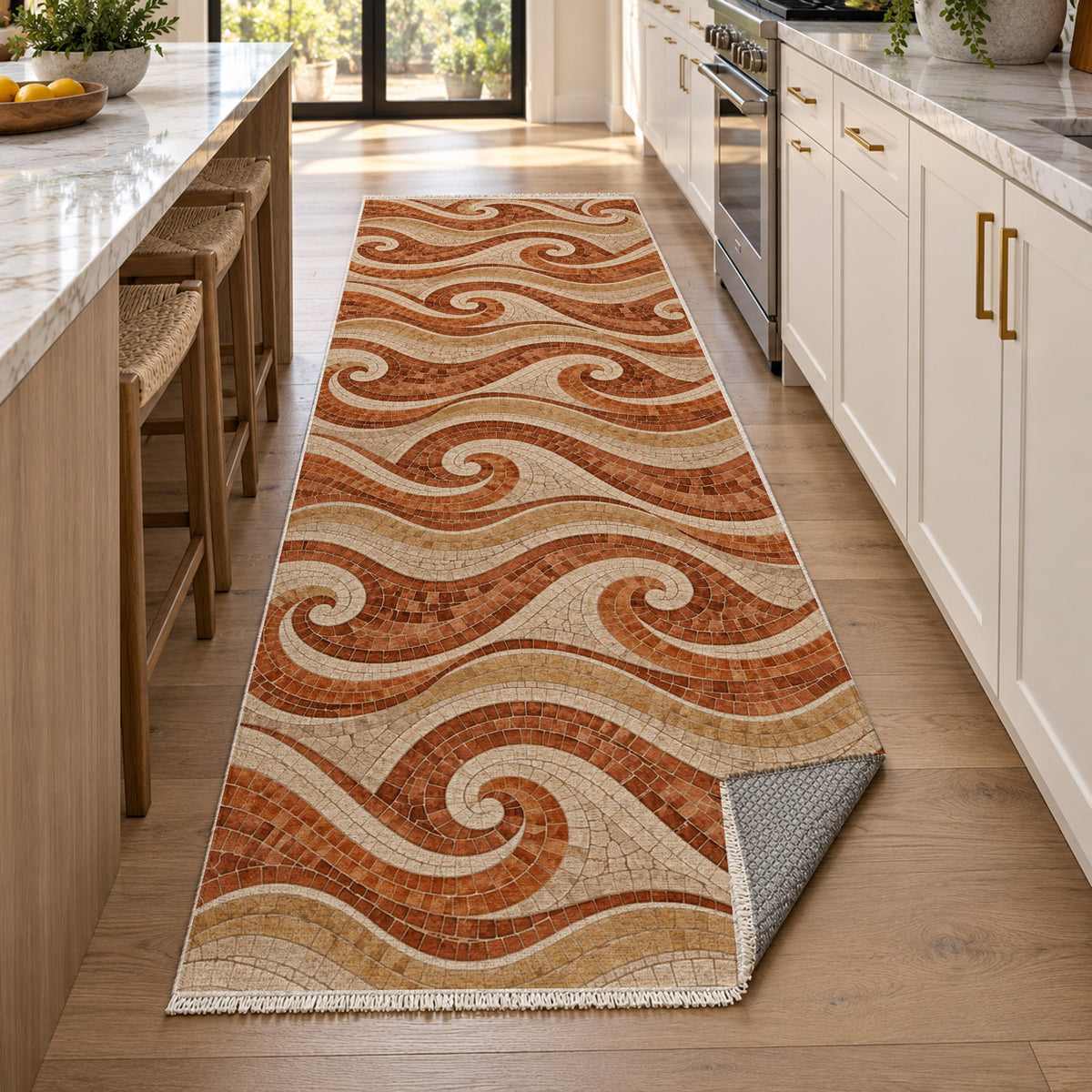 Roman Waves Terracotta Geometric Washable Rug — new york kitchen runner