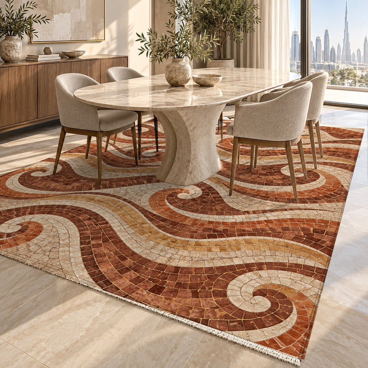 Roman Waves Terracotta Geometric Washable Rug — dubai dining