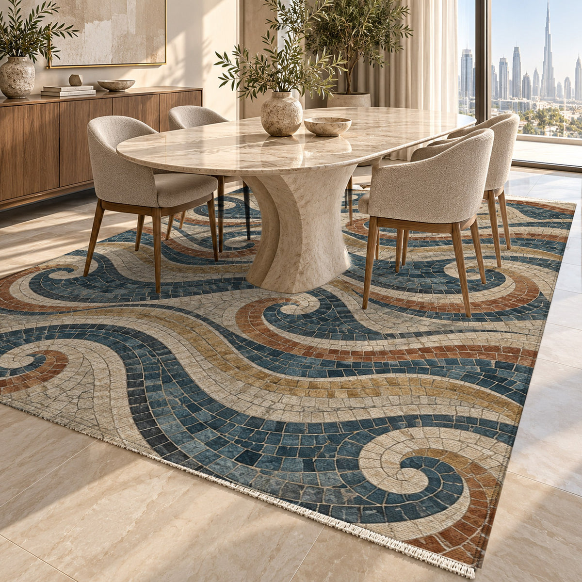 Roman Waves Geometric Washable Rug — dubai dining