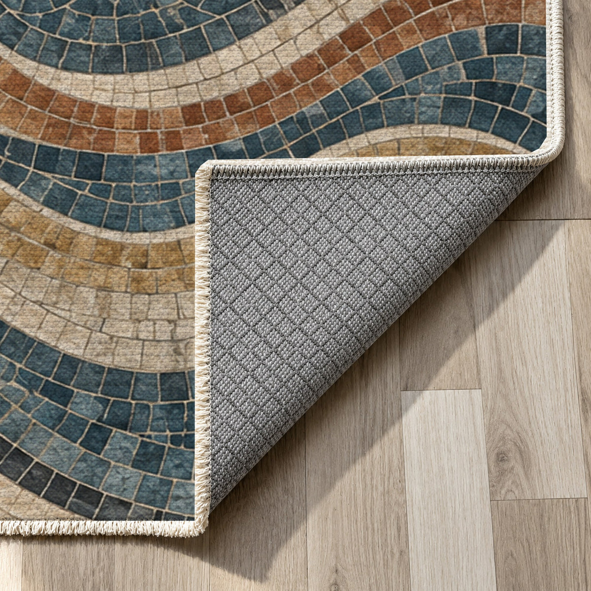 Roman Waves Geometric Washable Rug — backing close up