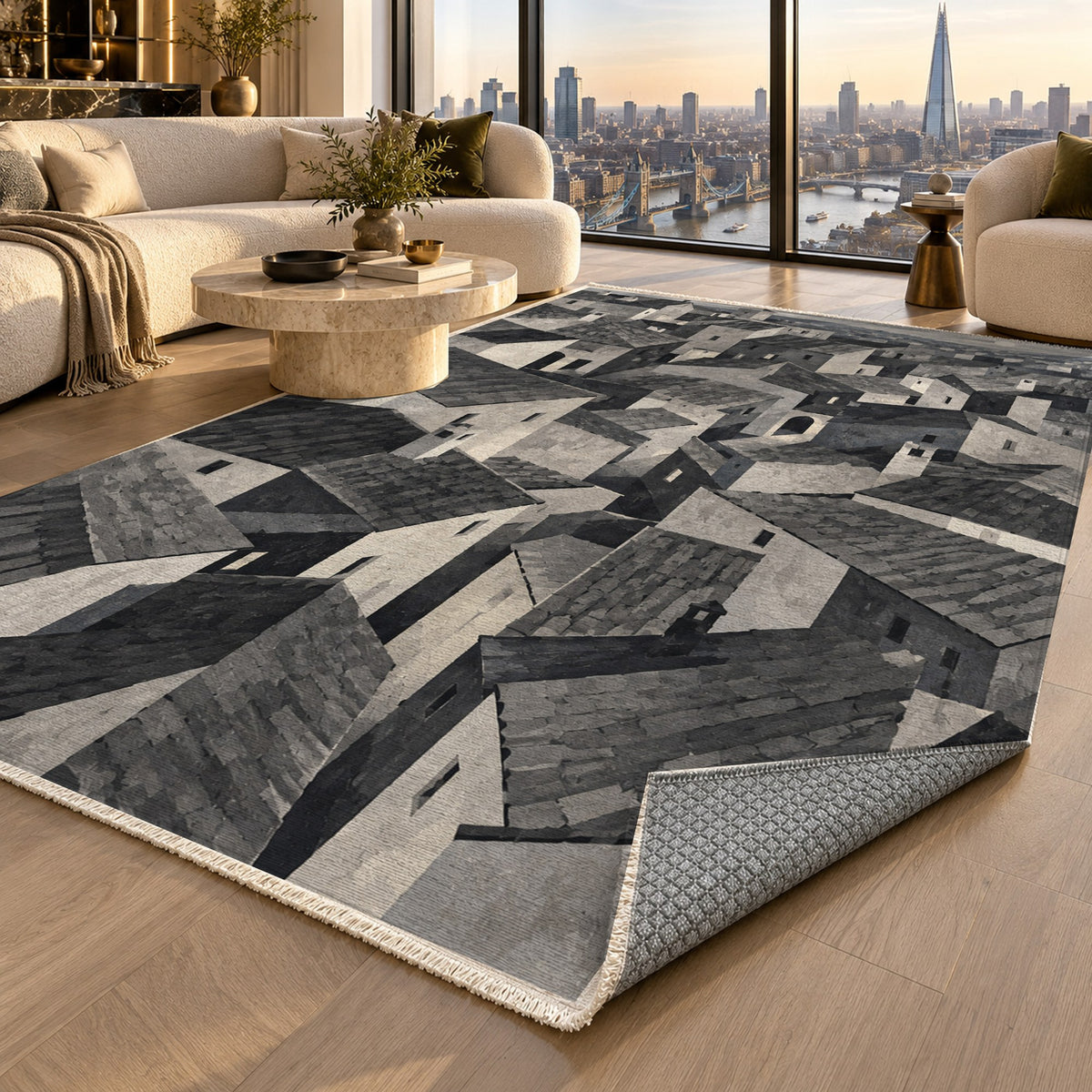 Rooftop Rhythm Charcoal Modern Washable Rug — london luxury living