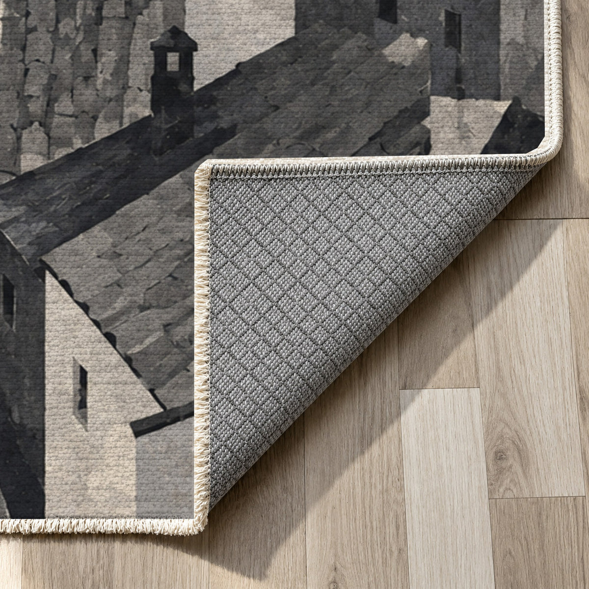 Rooftop Rhythm Charcoal Modern Washable Rug — backing close up