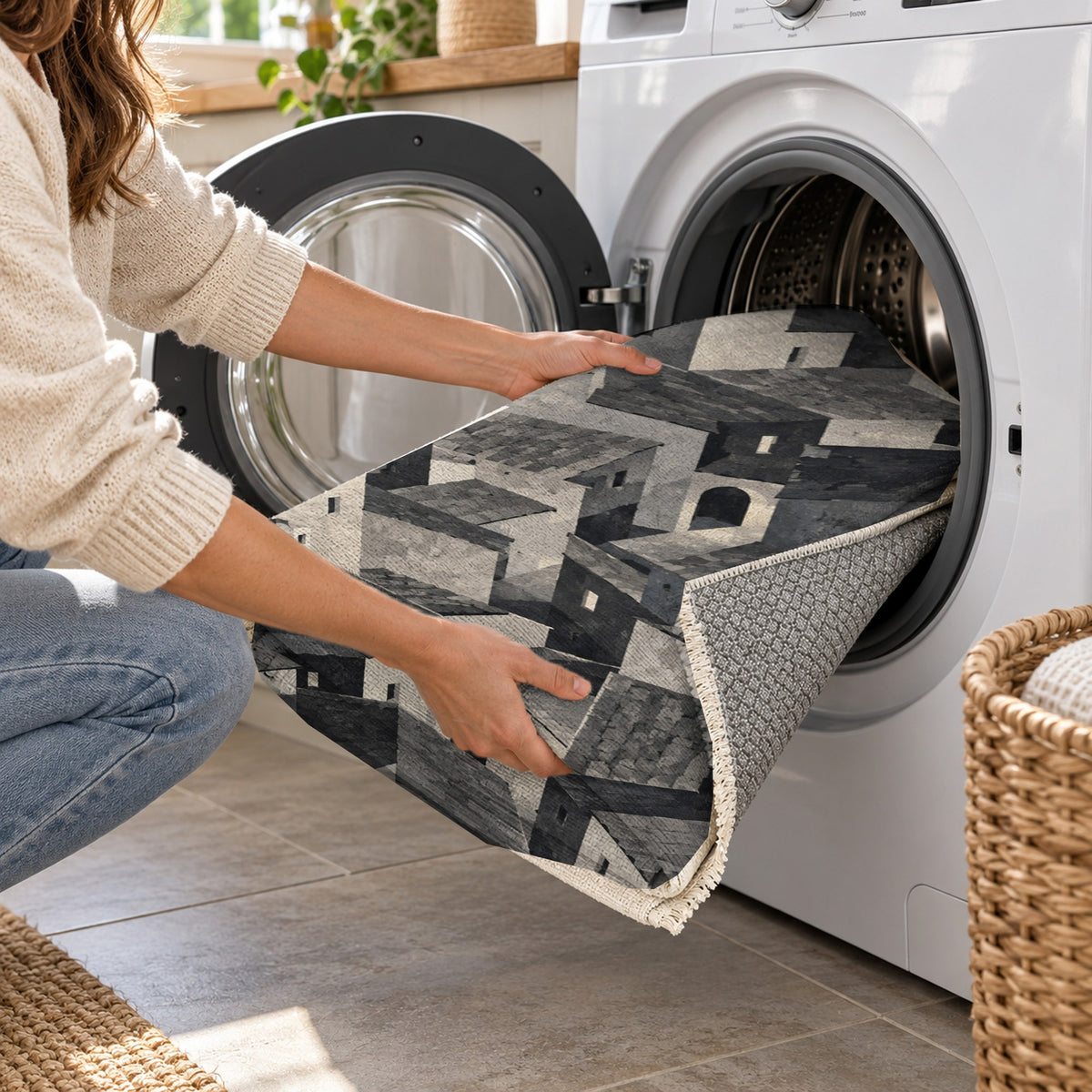 Rooftop Rhythm Charcoal Modern Washable Rug — washing machine