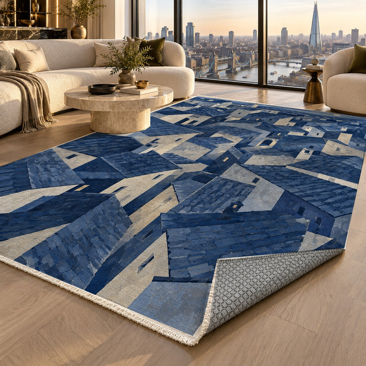Rooftop Rhythm Indigo Modern Washable Rug — london luxury living
